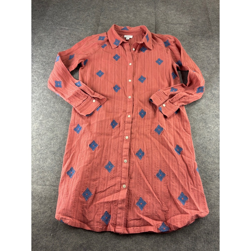 Pure Jill J. Jill Terracotta Coral Gauze Embroidered Button Down Shirt Dress S